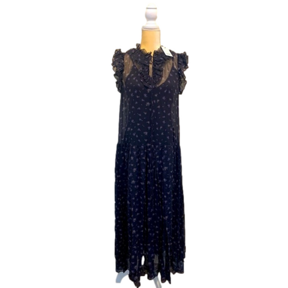 COACH 1941 Black Scattered Purple Rose Print Pleated Dress Keyhole Neck Size 2